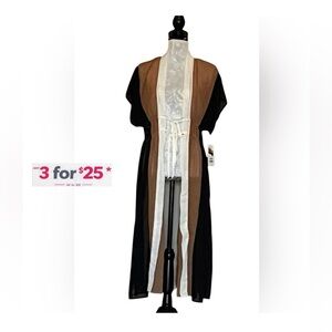 Swim cover up Black and Brown Sheer Kimono dress gathered waist tie size medium